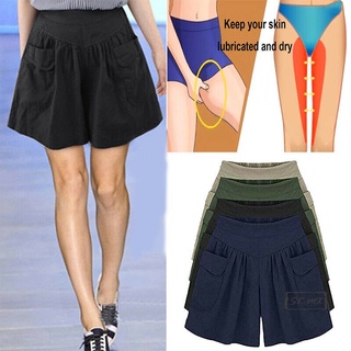 Mujer suelta cintura elástica pierna ancha con bolsillos Casual Culottes pantalones cortos para el verano