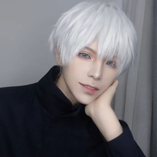 hangjian pelucas de hombre esponjoso corto pelo sintético cosplay peluca jujutsu satoru gojo capas kaisen resistente al calor gris anime cosplay (3)