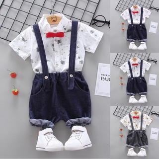 ╭trendywill╮1-4Years Infant Baby Boys Cartoon T-shirt Tops+Strap Pants Suspender Outfits Set
