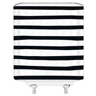Cortina de ducha moderna minimalista a la moda, color blanco y negro, rayas, cortina de ducha, con 12 ganchos